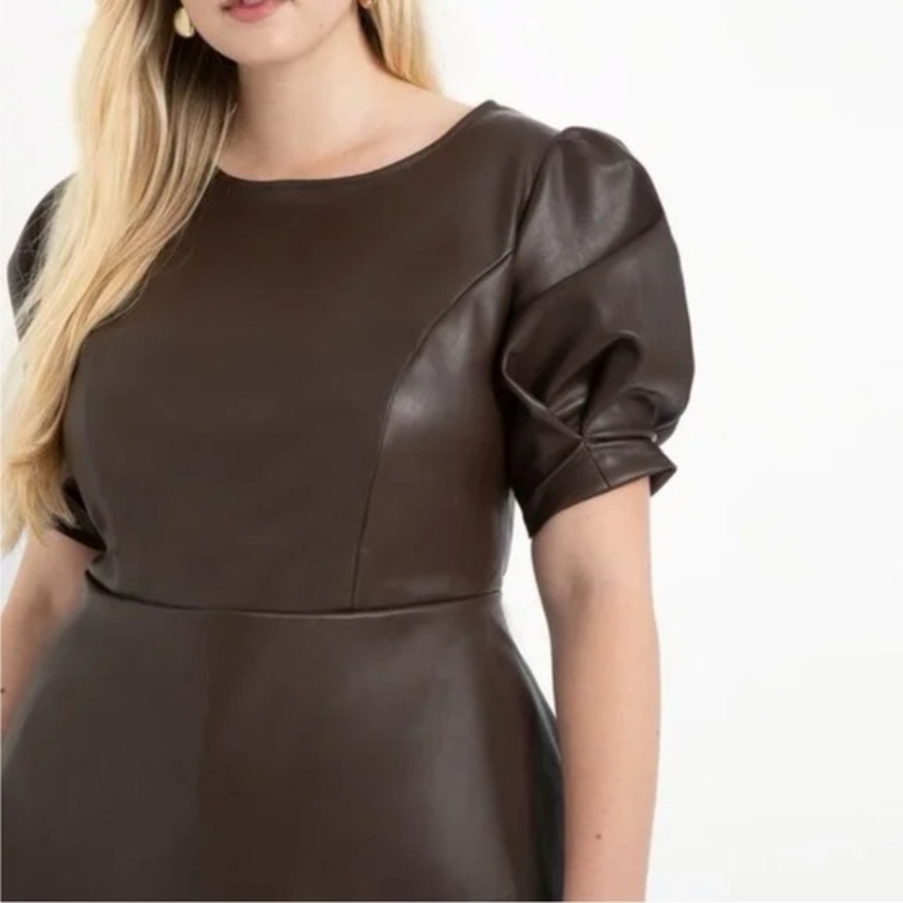 Faux Leather Puff Sleeve Women’s Top in Dark Brown